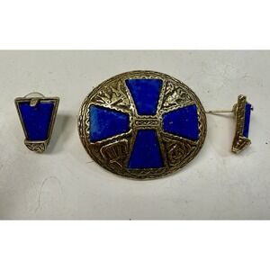 Rare Vintage Miracle Scottish Celtic Blue Agate Brooch Earrings Set